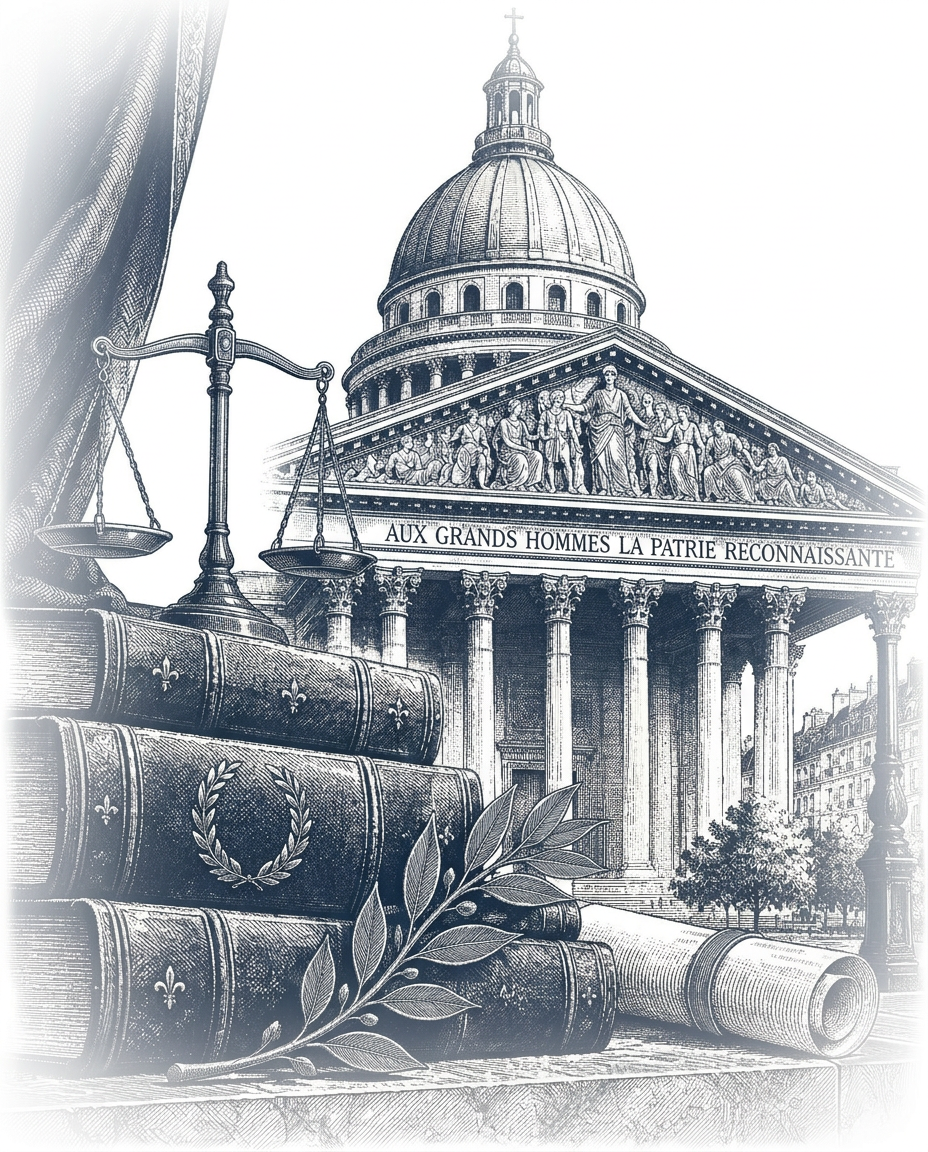 Gravure du Panthéon, livres de droit et balance de la justice